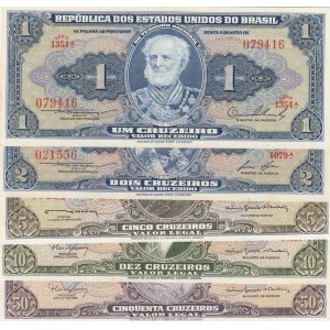 Brazil, 1 Cruzeiro, 2 Cruzeiro, 5 Cruzeiro, 10 Cruzeiro and 50 Cruzeiro, UNC, (Total 5 banknotes)