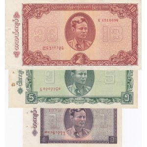 Burma, 1 Kyat, 5 Kyat and 10 Kyat, XF / UNC, p52 / p53/ p54, (Total 3 banknotes)