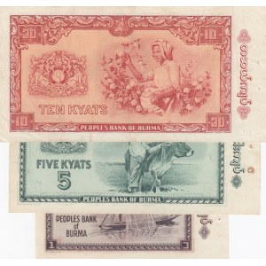 Burma, 1 Kyat, 5 Kyat and 10 Kyat, XF / UNC, p52 / p53/ p54, (Total 3 banknotes)