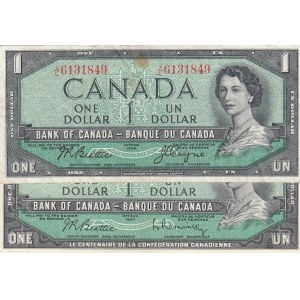 Canada, 1 Dollar, 1954, XF/ VF, p74a/ p74b, (Total 2 Banknotes)