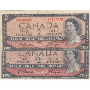 Canada, 2 Dollars, 1954, VF/ FINE, p76a, (Total 2 Banknotes)