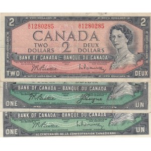 Canada, 2 Dollars ve 1 Dollar, 1954/ 1967, VF, p76b, p74b, p75b, (Total 3 Banknotes)