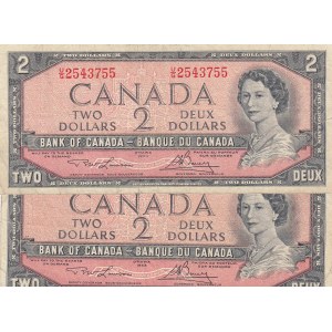 Canada, 2 Dollars, 1954, FINE, p76d, (Total 5 Banknotes)
