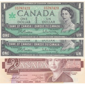 Canada, 2 Dollars ve 1 Dollar, 1986/ 1967, UNC, p94b/ p74b, (Total 3 Banknotes)