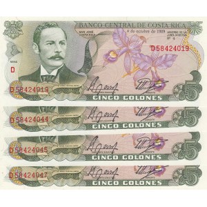 Costa Rica, 5 Colones, 1989, UNC, p236d, (Total 4 Banknotes)