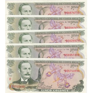 Costarica, 5 Colones, 1989, UNC, p236d, (Total 5 Banknotes)