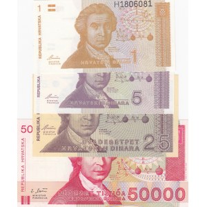 Croatia, 1 Dinara, 5 Dinara, 25 Dinara and 50.000 Dinara, 1991/1993, UNC, p16/p17/p19/p26, (Total 4 banknotes)