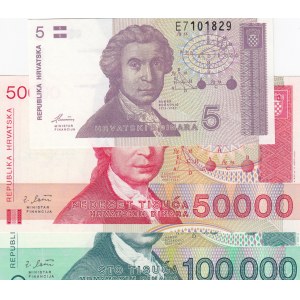 Croatia, 5 Dinara, 50000 Dinara and 100000 Dinara, 1991/ 1993, UNC, (Total 3 Banknotes)