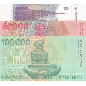 Croatia, 5 Dinara, 50000 Dinara and 100000 Dinara, 1991/ 1993, UNC, (Total 3 Banknotes)