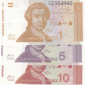 Repbulika Hrvatska (Crotia), 1 Dinar, 5 Dinara and 10 Dinara, 1991, UNC, p16a/ p17a/ p18a, (Total 3 Banknotes)