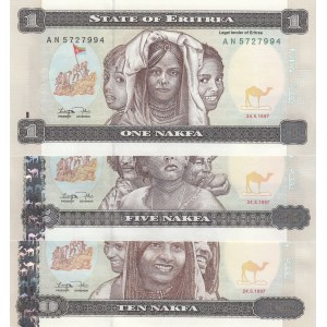 Eritrea, 1 Nakfa, 5 Nakfa and 10 Nakfa, 1997, UNC, p1/p2/p3, (Total 3 banknotes)