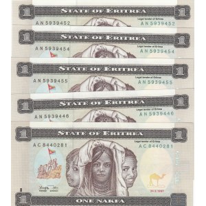 Eritrea, 1 Nakfa, 1997, UNC, p1, (Total 5 banknotes)