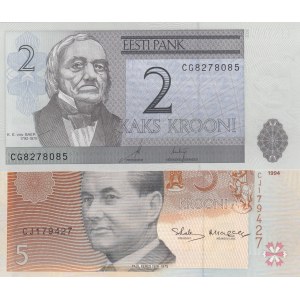 Estonia, 2 Krooni and 5 Krooni, 2006/1994, UNC, p85/p76, (Total 2 banknotes)