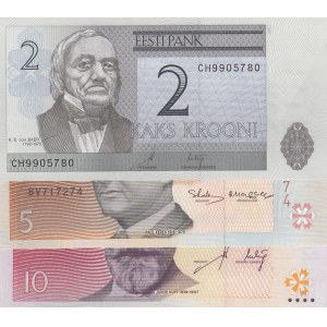 Estonia, 2 Krooni, 5 Krooni and 10 Krooni, 2007/ 1994/ 2007, UNC, (Total 3 Banknotes)
