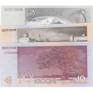 Estonia, 2 Krooni, 5 Krooni and 10 Krooni, 2007/ 1994/ 2007, UNC, (Total 3 Banknotes)