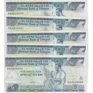 Ethiopia, 5 Birr, 2005/ 2013, UNC, p47f, (Total 5 Consecutive Banknotes)