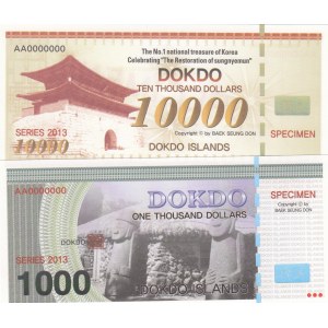 South Korea, Dokdo Island, 1000 Dollars and 10.000 Dollars, 2013, UNC, SPECIMEN, (Total 2 banknotes)