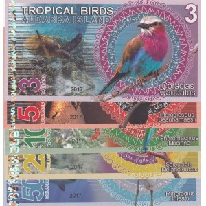 Tropical Birds lot, 3 Dollars, 5 Dollars, 10 Dollars, 25 Dollars and 50 Dollars, 2017, UNC, FANTASY BANKNOTES, (Total 5 banknotes)