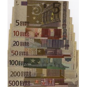 Europen Union, 5 Euro, 10 Euro, 20 Euro, 50 Euro, 100 Euro, 200 Euro and, 500 Euro, GOLD FOIL BANKNOTES SET, (Total 7 banknotes)