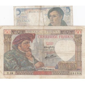 France, 5 Francs ve 50 Francs, 1943/ 1940, VG, p98a/ p93, (Total 2 Banknotes)