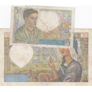 France, 5 Francs ve 50 Francs, 1943/ 1940, VG, p98a/ p93, (Total 2 Banknotes)