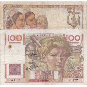 France, 20 Francs and 100 Francs, 1947/ 1946, FINE, p100b/ p128a, (Total 2 Banknotes)