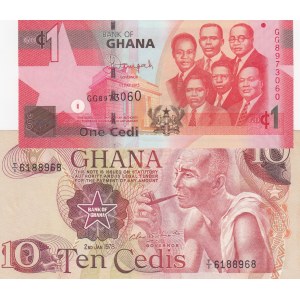 Ghana, 10 Cedis and 1 Cedi, 1978/ 2015, UNC, p16f/ p37f, (Total 2 Banknotes)