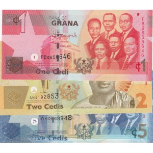 Ghana, 1 Cedi, 2 Cedis and 5 Cedis, UNC, p37d/ p37Aa/ p38e, (Total 3 Banknotes)