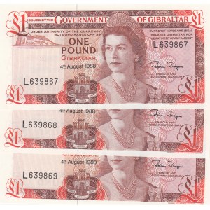 Gibraltar, 1 Pound, 1988, UNC, p20e, (Total 3 Consecutive Banknotes)