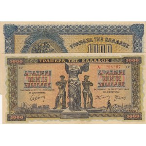 Greece, 1000 Drachmai and 5000 Drachmai, 1941 / 1942, XF (+) / AUNC (-), p117 / p119, (Total 2 banknotes)