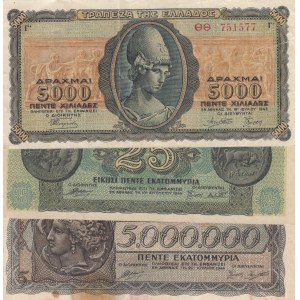 Greece, 5000 Drachmai, 25,000,000 Drachmai and 5,000,000 Drachmai, 1943/ 1944, FINE/ AUNC/ FINE, p122a/ p130b/ p128b, (Total 3 Banknotes)