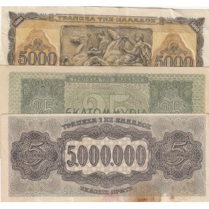 Greece, 5000 Drachmai, 25,000,000 Drachmai and 5,000,000 Drachmai, 1943/ 1944, FINE/ AUNC/ FINE, p122a/ p130b/ p128b, (Total 3 Banknotes)