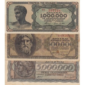 Greece, 500,000 Drachmai, 1,000,000 Drachmai and 5,000,000 Drachmai, 1944, VF, p126a/ p127a/ p128a, (Total 3 Banknotes)