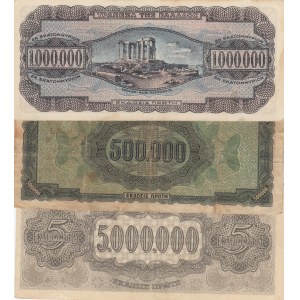 Greece, 500,000 Drachmai, 1,000,000 Drachmai and 5,000,000 Drachmai, 1944, VF, p126a/ p127a/ p128a, (Total 3 Banknotes)