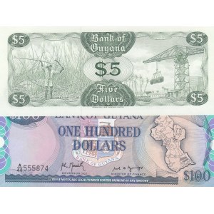 Guyana, 5 Dollars ve 100 Dollars, 1989, UNC, p22e/ p28, (Total 2 Banknotes)