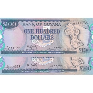 Guyana, 100 Dollars, 1989, UNC, p28, (Total 2 Consecutive Banknotes)