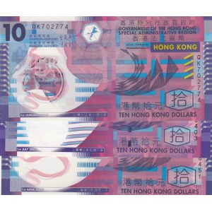 Hong Kong, 10 Dollars, 2002/ 2007/ 2012, UNC, p400a/ p401a/ p401c, (Total 3 Banknotes)