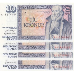 Iceland, 10 Kronurs, 1961, UNC, p48a, (Total 4 Banknotes)