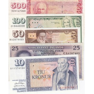Iceland, 10 Kronurs, 25 Kronurs, 50 Kronurs, 100 Kronurs ve 500 Kronurs, UNC / AUNC, p48a/ p43/ p49a/ p50a/ p51a (Total 5 Banknotes)