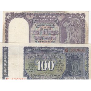 India, 10 Rupees and 100 Rupees, 1962-67/ 1977, FINE, p57a/ p64, (Total 2 Banknotes)