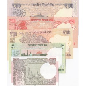India, 1 Rupee, 5 Rupees, 10 Rupees, 20 Rupees and 50 Rupees, 2010/2017, UNC, (Total 5 banknotes)