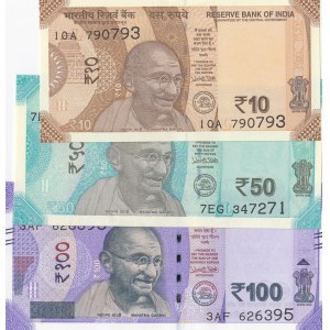 India, 10 Rupees, 50 Rupees and 100 Rupees, 2017/2018, UNC, (Total 3 banknotes)