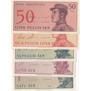 Indonesia, 1 Sen, 5 Sen, 10 Sen, 25 Sen and 50 Sen, 1964, UNC, p90 … p94, (Total 5 banknotes)