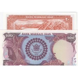 Iran, 20 Rials and 100 Rials, 1974-1979/ 1976, UNC, p100c/ p108, (Total 2 Banknotes)