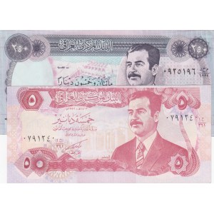 Iraq, 5 Dinar and 250 Dinar, 1992 / 1995, AUNC / UNC, p80 / p85, (Total 2 banknotes)