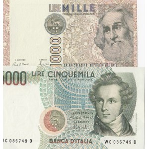 İtaly, 1000 Mille and 5000 Lire, 1982/1985, UNC, p109/p111, (Total 2 banknotes)