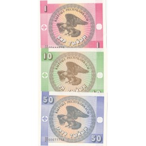 Kyrgyzstan, 1 Tyiyn, 10 Tyiyn and 50 Tyiyn, 1993, UNC, p1/p2/p3, (Total 3 banknotes)