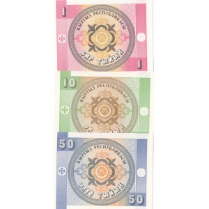 Kyrgyzstan, 1 Tyiyn, 10 Tyiyn and 50 Tyiyn, 1993, UNC, p1/p2/p3, (Total 3 banknotes)