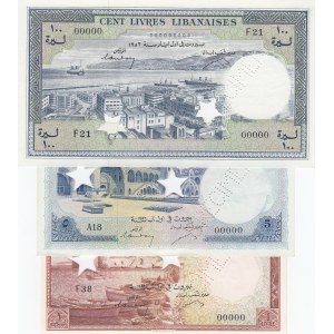 Lebanon, 1 Livre, 5 Livres and 100 Livres, 1952-1964, UNC, p55s2/ p56s2/ p60s2, SPECIMEN