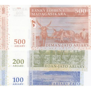 Madagascar, 100 Ariary, 200 Ariary and 500 Ariary, 2004, UNC, p86/p87/p88, (Total 3 banknotes)